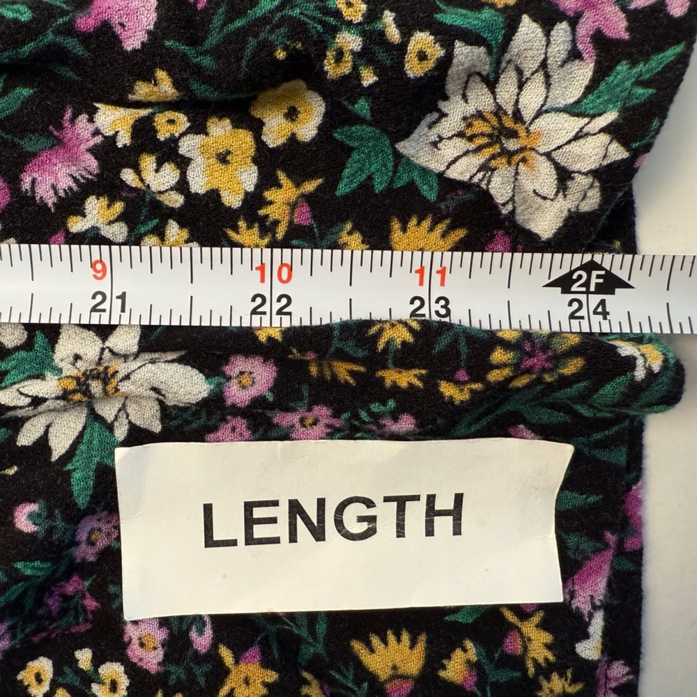 Old Navy Peasant Tie Front Blouse Rayon Black Yellow Purple Florals Ruffle 2X - Picture 12 of 12